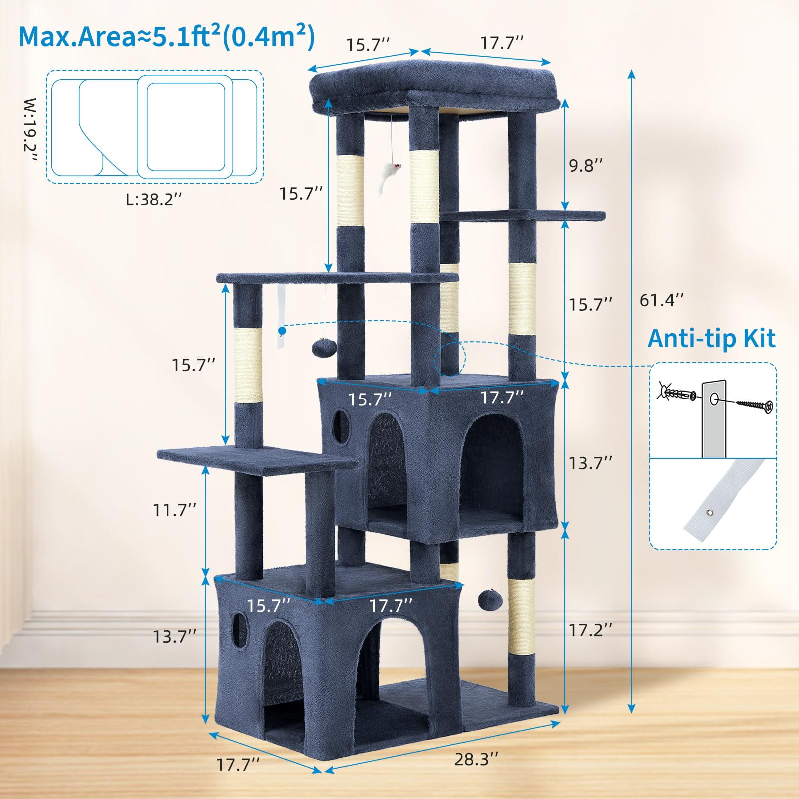 61" Heavy-Duty Cat Tree for Large Indoor Cats & Maine Coons – Multi-Level with Extra-Large Perch, 2 Spacious Condos, Sisal Scratching Posts & Interactive Toys – Stable Base
