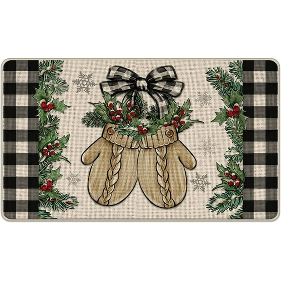 Winter Mitten Decorative Front Door Mat, Black White Buffalo Plaid Check Doormat Indoor Outdoor Farmhouse Non-Slip Floor Entryway Rug, Christmas Holiday Home Kitchen Decoration 17x30 Inch