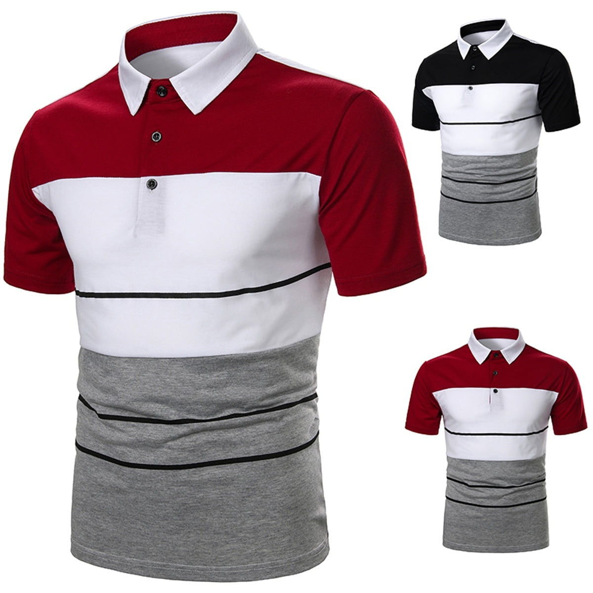 Men Short Sleeve Golf Shirt Color Block Stripe Button-up Lapel T-shirts ...