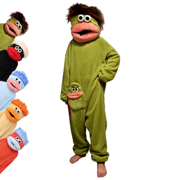 Silly Monster Costume Pajamas (2-Piece Set) - Soft Green Plush Big Mouth Onesie with Large Comb Prop for Halloween Party Size: S
