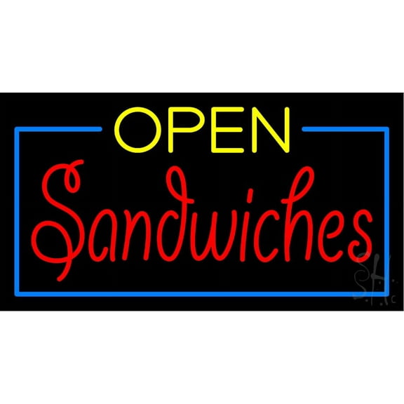 Open Sandwiches with Yellow Border LED Neon Sign 13 x 24 - inches, Clear Edge Cut Acrylic Backing, with Dimmer - Bright and Premium built indoor LED Neon Sign for restaurant decor.