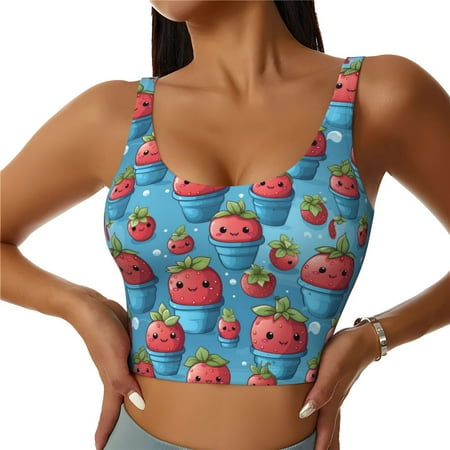 Adobk Cute Strawberry Flower Pot Print Sports Bras for Women Longline Workout Crop Tank Tops Padded with Built in Shelf Padded Sports Bra-Medium