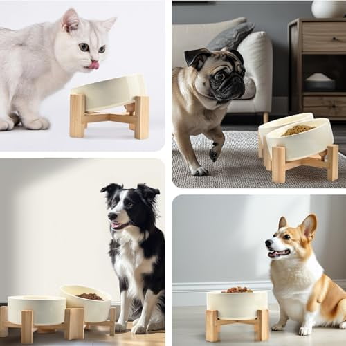 15° Slanted Ceramic Dog and Cat Bowl with Wooden Stand, Tilted Bulldog Food and Water Bowl No Slip Non-Spill for Cats Medium Dogs Big Face Pets 28.7 OZ (3.6 Cups, Beige × 2)