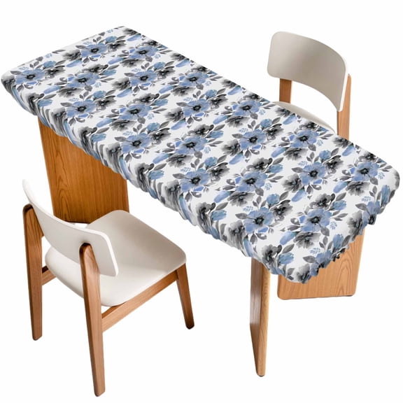 Blue Floral Table Cloths for 8 Foot Rectangle Tables, Abstract Watercolor Flower Leaf Plant Patio Waterproof Elastic Fitted Tablecloths, Washable Rectangular Table Cover for Camping