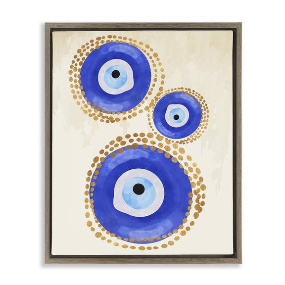 Stupell Industries Round Blue Evil Eye Pattern Abstract Painting Brown Floater Framed Canvas Art Print Wall Art, 17 x 21