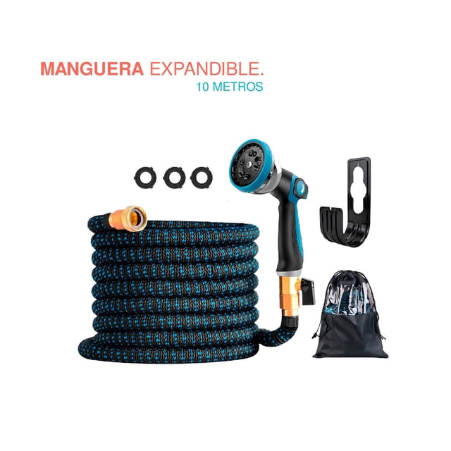manguera expandible azul 10 metros - 33 pies premium, manguera plegada negra-azul con exterior de poliéster 3750D y conector de latón macizo 3/4 pulg, boquilla giratoria de 9 patrones con borde de goma antideslizante, adaptadores y bolsa de guardado sobre fondo blanco; adecuada para riego, lavado de autos y baño de mascotas, puede expandirse hasta 10 metros según presión de agua.