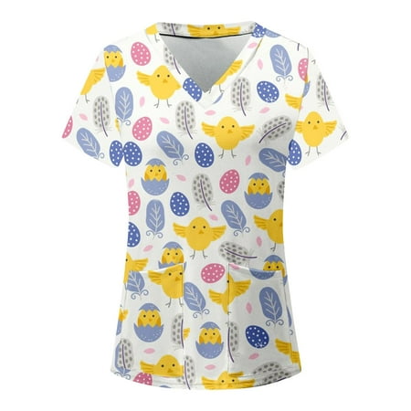 

Easter Scrubs Tops Women Nurse Working Uniforms Cartoon Printed V Neck Short Sleeve Medical Scrub Shirts /XL