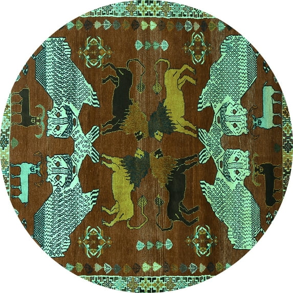 Ahgly Company Machine Washable Indoor Round Animal Turquoise Blue Traditional Area Rugs, 6' Round