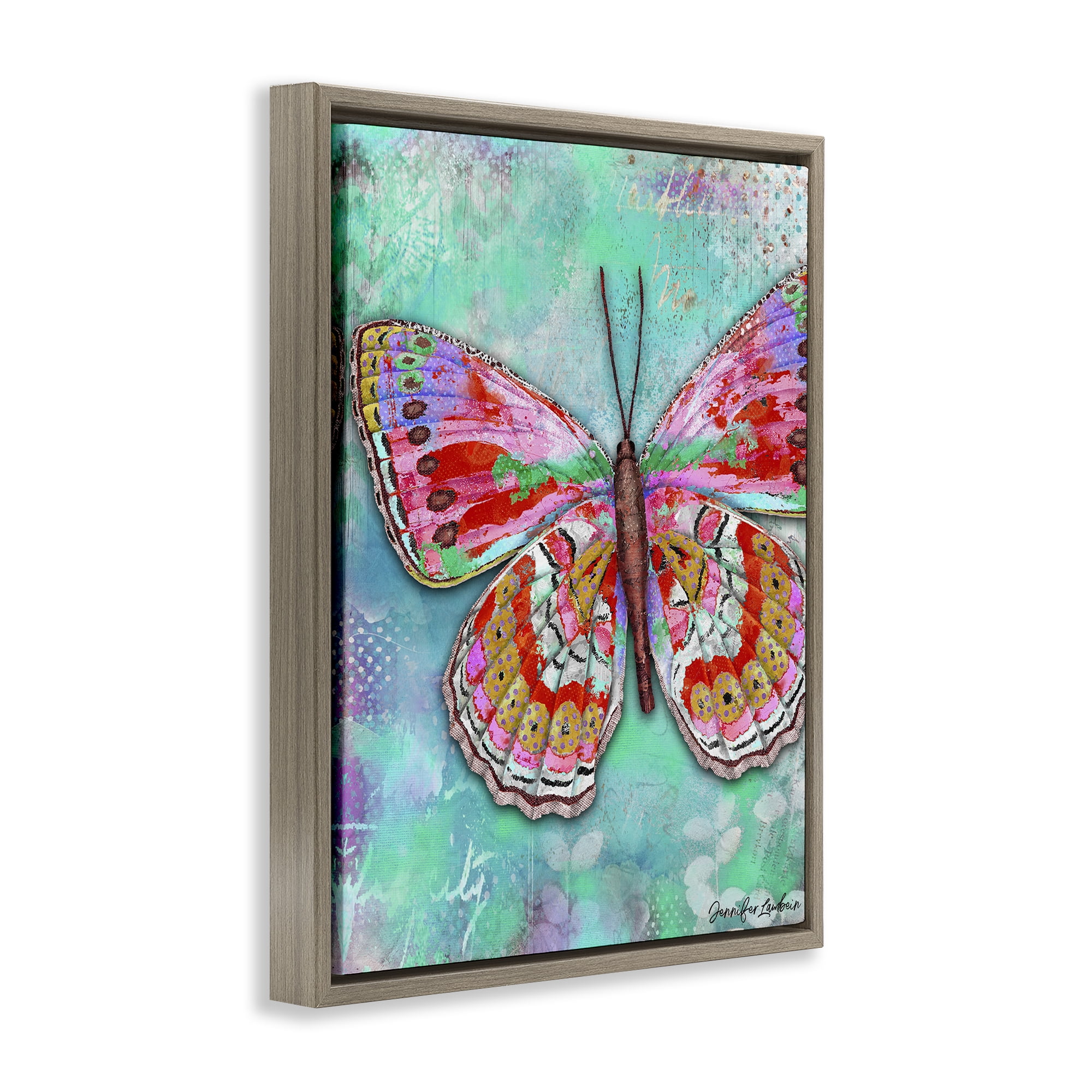 Stupell Industries Cherry Mint Butterfly Animals Painting Brown Floater Framed Canvas Art Print Wall Art, 25 x 31
