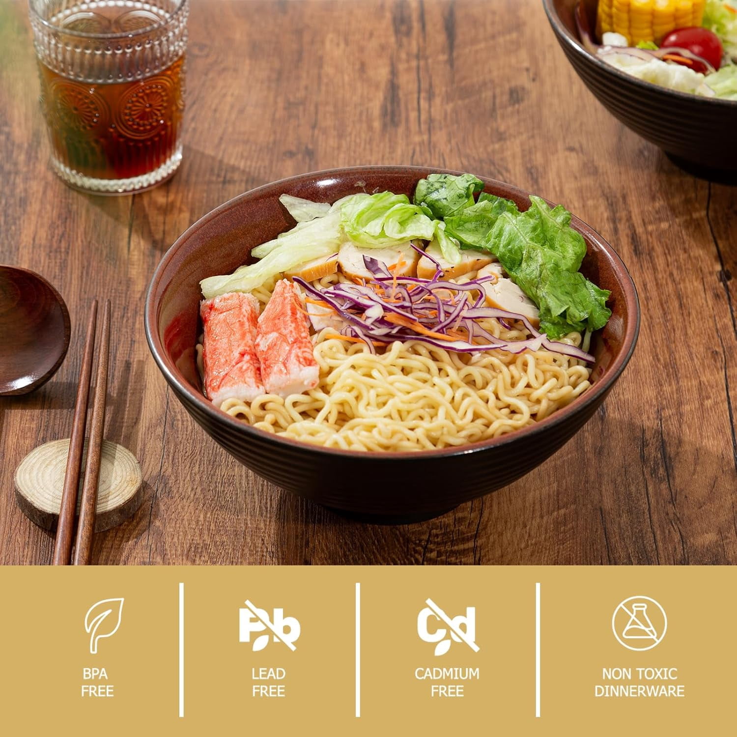 9.5 Inch Ceramic Ramen Bowl Set For 2 - Includes Chopsticks & Spoons, Dishwasher & Microwave Safe