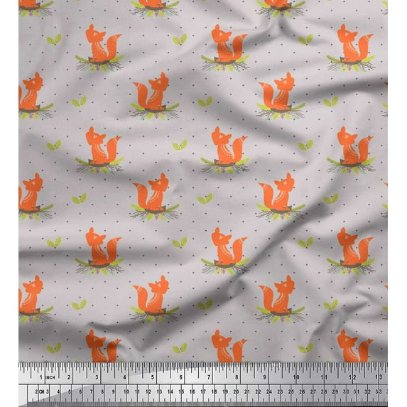 Soimoi Gray Cotton Voile Fabric Tribal Fox & Dots Printed Fabric 1 Yard 42 Inch Wide