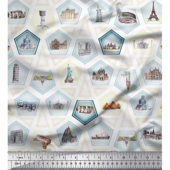 Soimoi Rayon Fabric Geometric & Monuments Patchwork Print Fabric by The Yard 42 Inch Wide