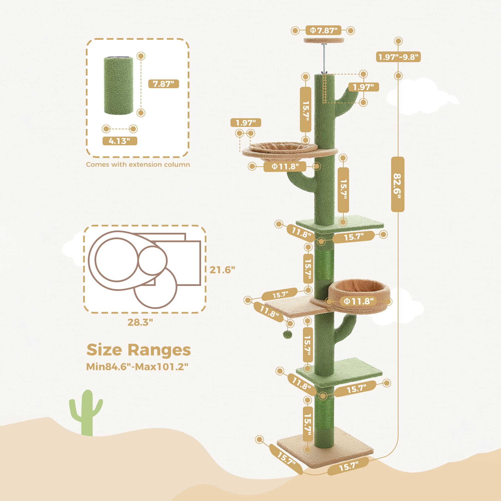 Kadyn (87"-100") Height Adjustable Floor to Ceiling Cat Tree, 5 Levels Cactus Cat Tower with Cat Perch and Hammock, Cat Climbing Activity Center, Green