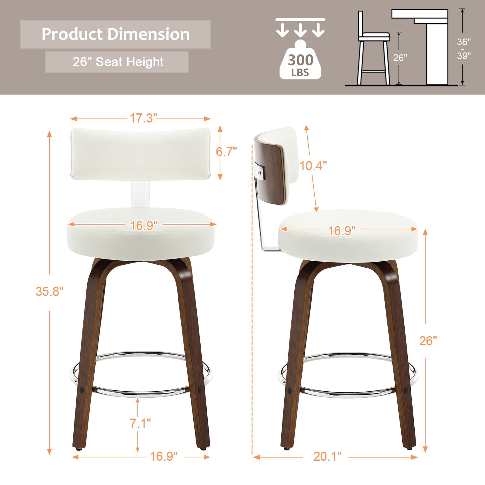 ANMINY Bar Stools Set of 3 360° Swivel with Back and Round Seat PU Leather Barstools 26" Bar Height Upholstered Bar Chairs Island Stools for Kitchen Counter