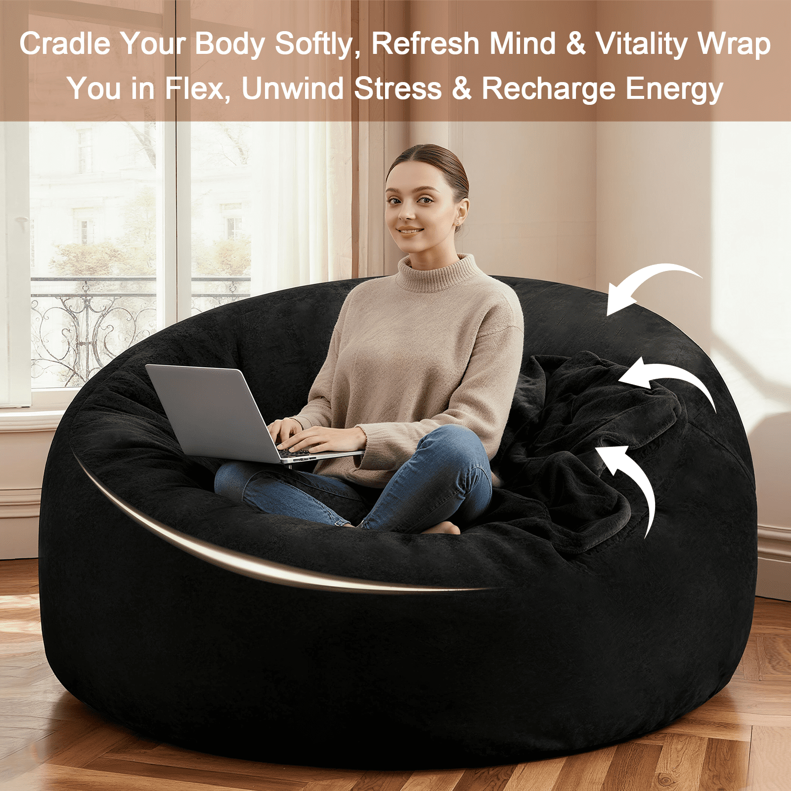 Sanae 4FT Bean Bag Chair for Adults, Memory Foam Filler Beanbag with Removable Washable Flannel Cover, Lazy Sofa for Living Room, Black