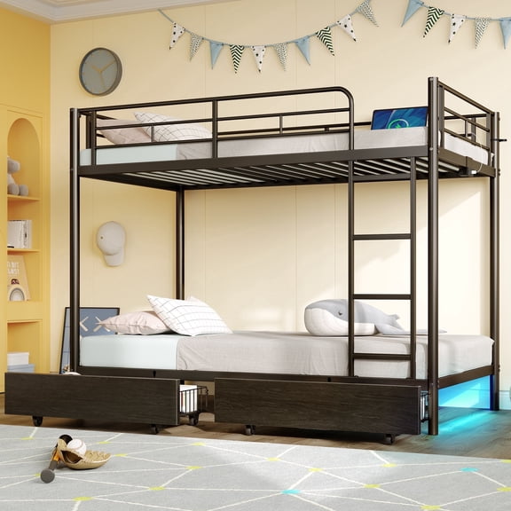 Greenstell Twin Size Metal Bunk Bed with USB Charging Station, LED Bunk Bed with 2 Storage Drawers, Bed with Safety Guardrail & Ladders