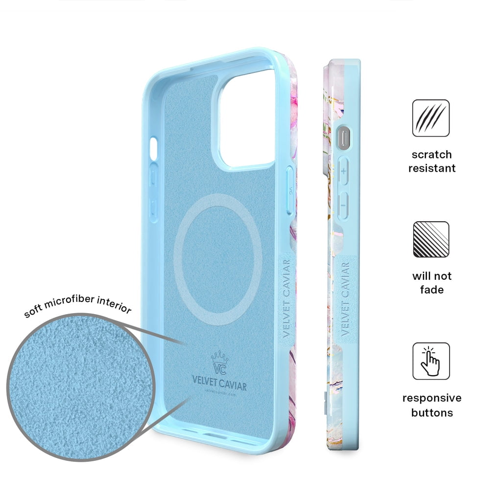 Velvet Caviar iPhone 15 Case MagSafe Compatible - Cute Protective Phone Cases for Women - Iridescent Holographic Pink Blue Marble