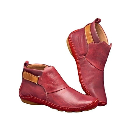 

WEARELLAS Womens PU Leather Ankle Boots Casual Solid Color Biker Slip On Flat Heel Booties Shoes Size