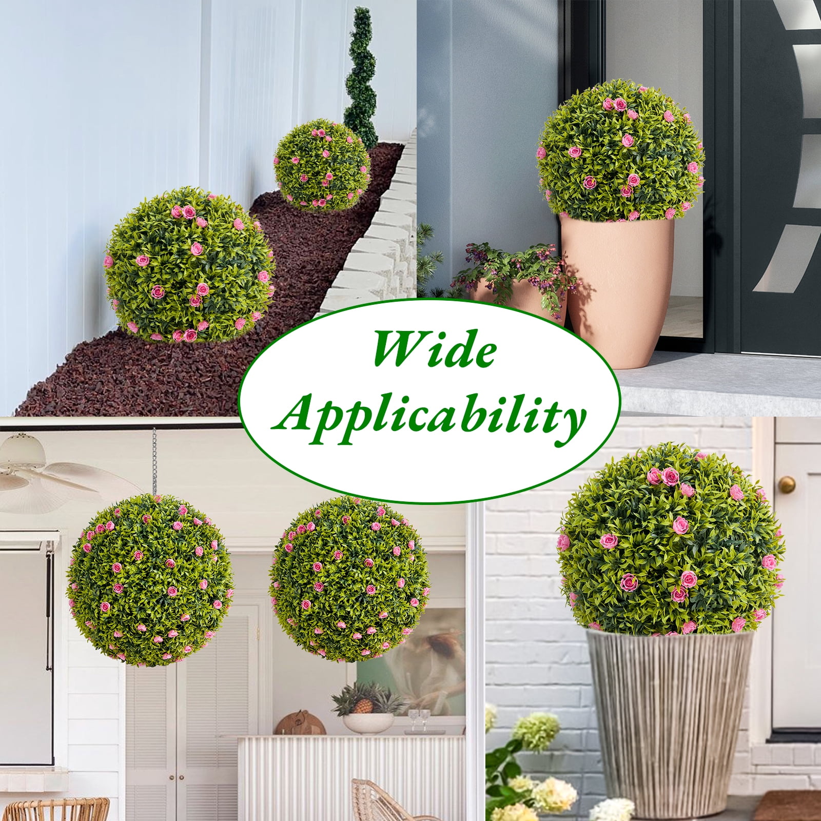 Tzou 2Pcs Artificial Boxwood Topiary Ball with Flowers, 20.5" Faux Hanging Greenery Ball for Outdoor Planters, Porch, Balcony, Home Decor