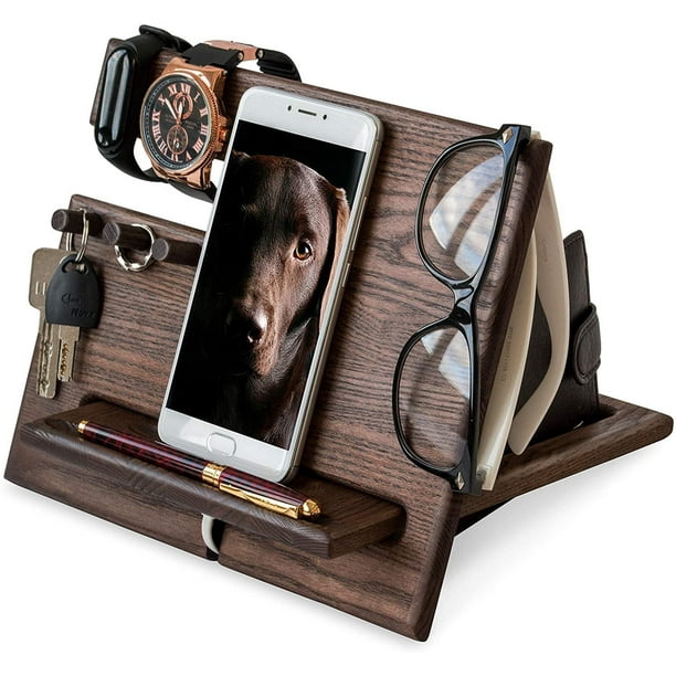 Marrón claro - Regalo para hombre, idea de regalo original para el Día del Padre, organizador de escritorio multifuncional, ganchos para llaves, relojes, soporte para teléfono, regalo para papá, mamá,