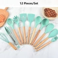 thumbnail image 3 of 12 Pieces Kitchen Cooking Tools Set Silicone Wood Handles Brush Spaghetti Claw Baking Household Kitchenware Accessories, Pink, 3 of 8