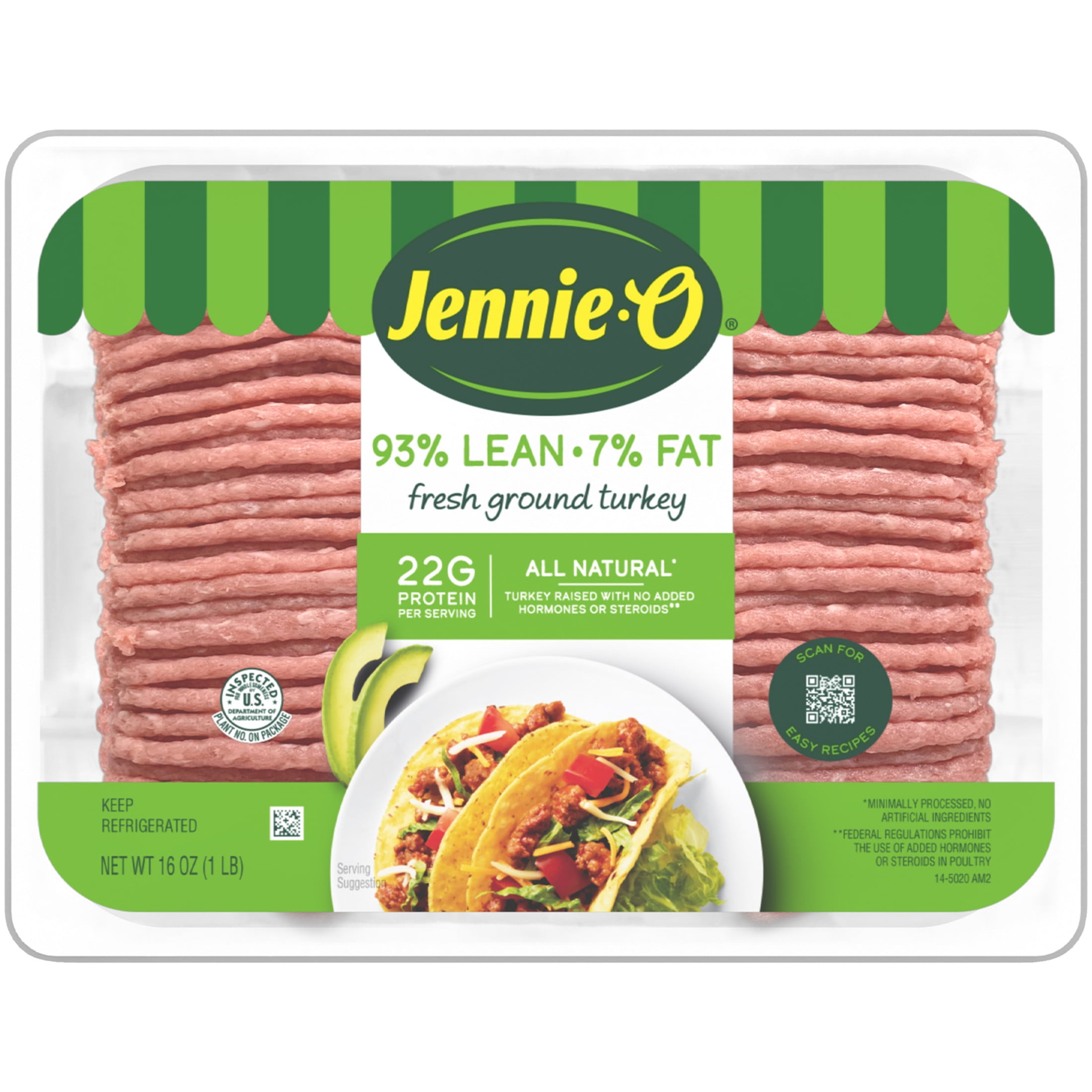 JENNIE-O Fresh Lean Ground Turkey, Fresh Meat, 93% Lean/7% Fat, *All Natural, 16 oz Plastic Tray