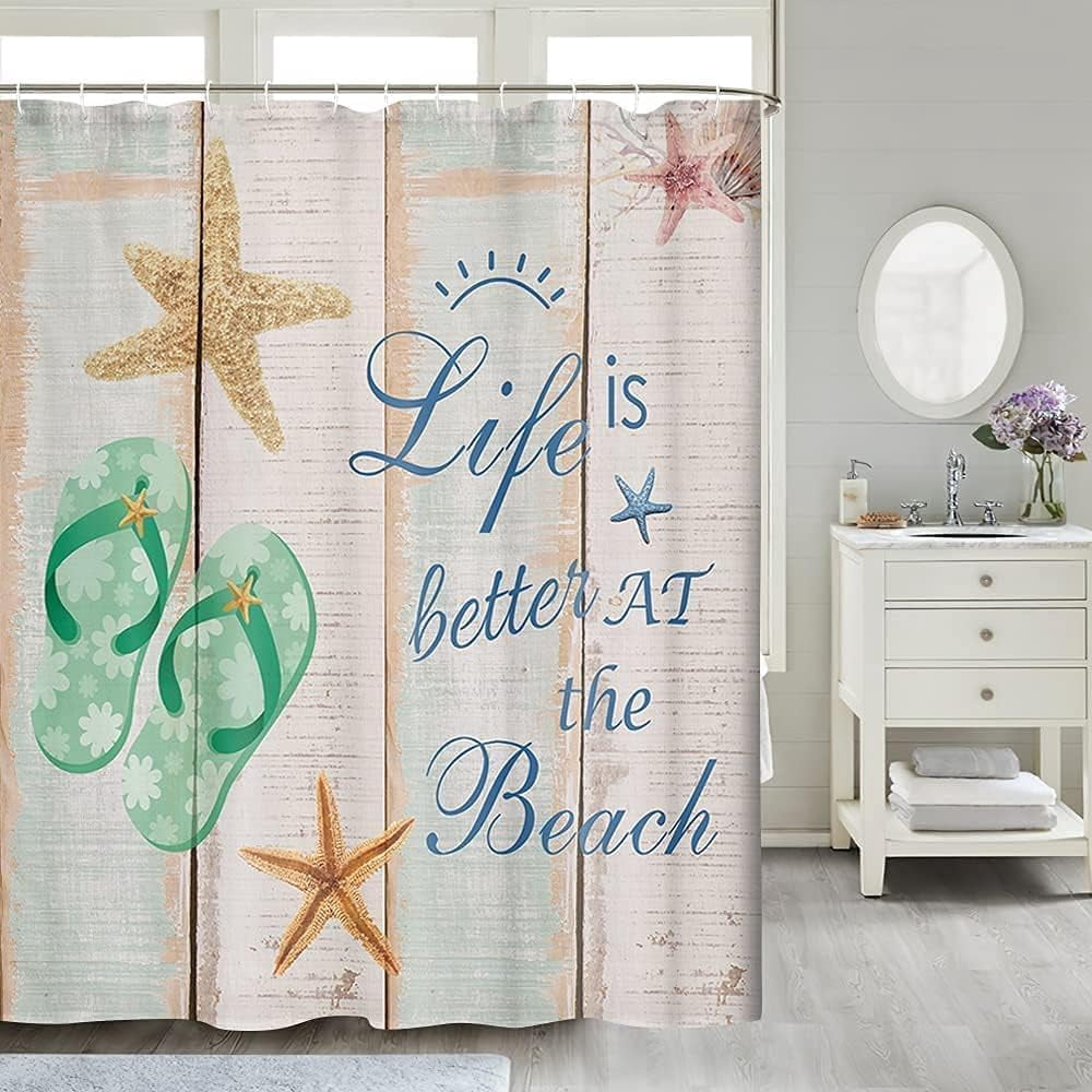 Beach Shower Curtain, Starfish Flip Flops and Life is Better at The Beach Word on Rustic Wooden Board Shower Curtain, Summer Coastal Fabric Bathroom Curtain Farmhouse Decor 12PCS Hooks, 70X70IN