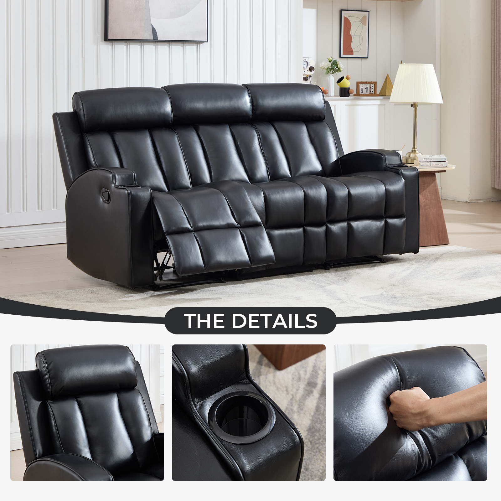 Ebello Manual Recliner Sofa, PU Leather Overstuffed 3-Seat Reclining Couch with Cup Holders for Living Room & Home Theater, Black