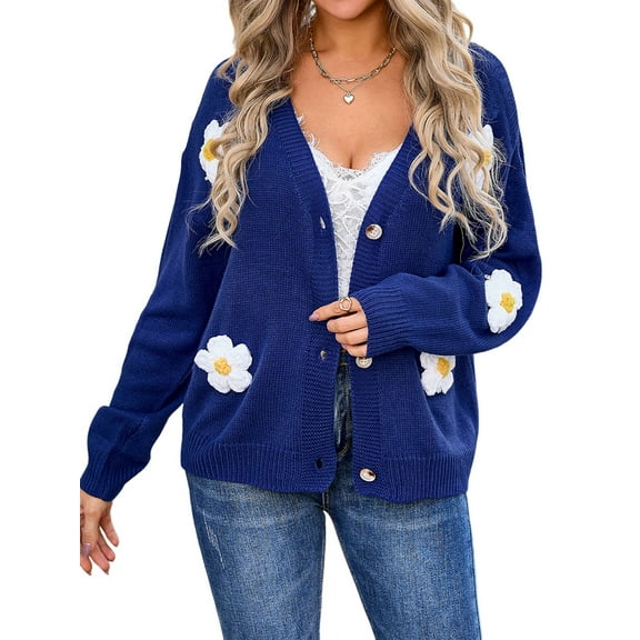 Womens Ribbed Knit Cardigan Slouchy Flower Graphic Button-Up Jacquard Knitted Sweater Coat Blue S