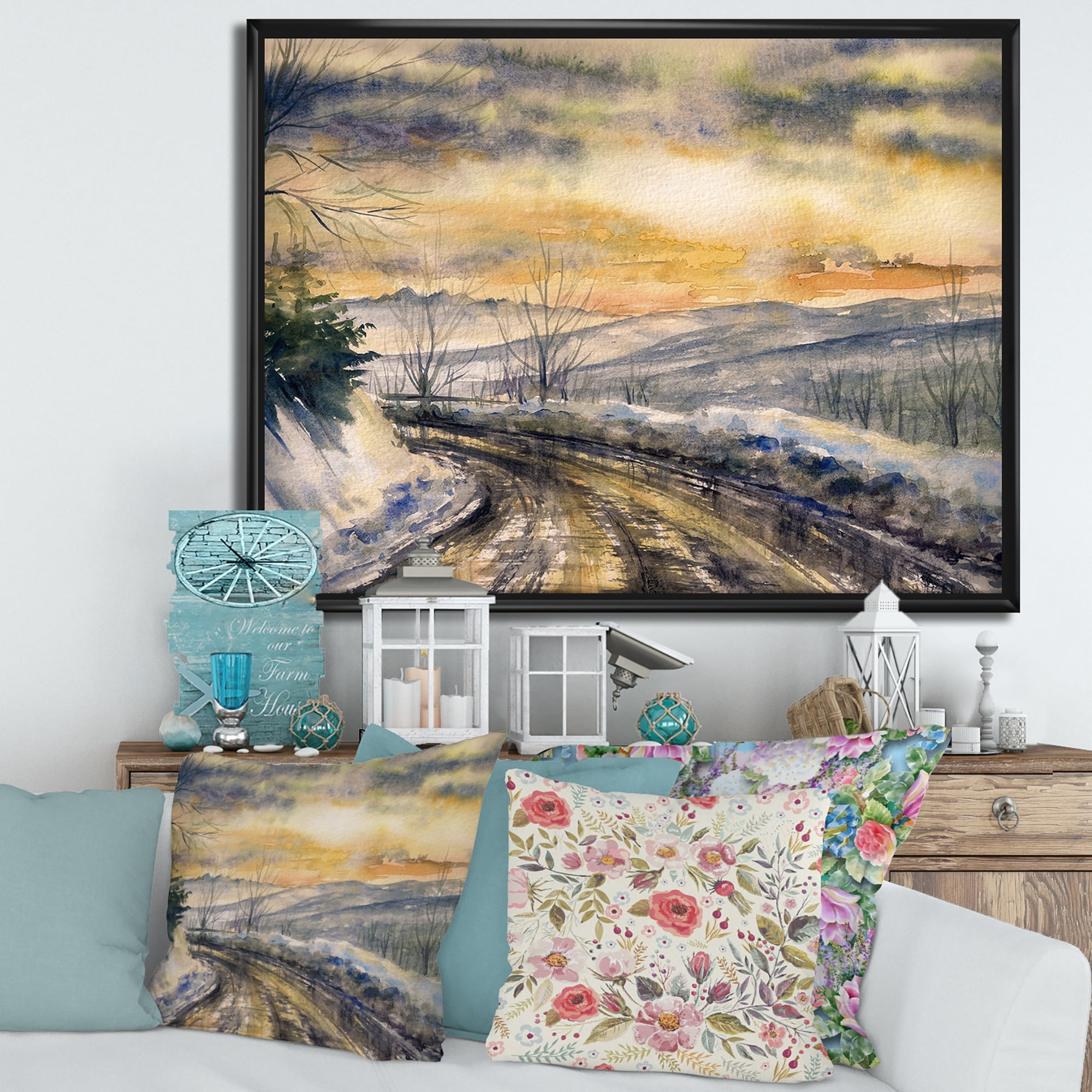 Designart 'Road Under Bright Sunset With Winter Landscape' Traditional Framed Canvas Wall Art Print