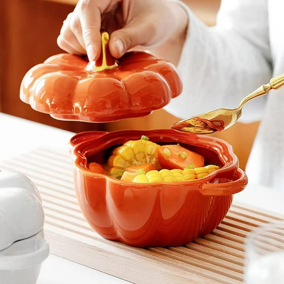 Pumpkin Bowl Set with Lid and Handle, 14 Oz Ceramic Ramekins for Baking, Oven Safe, Heat Resistant