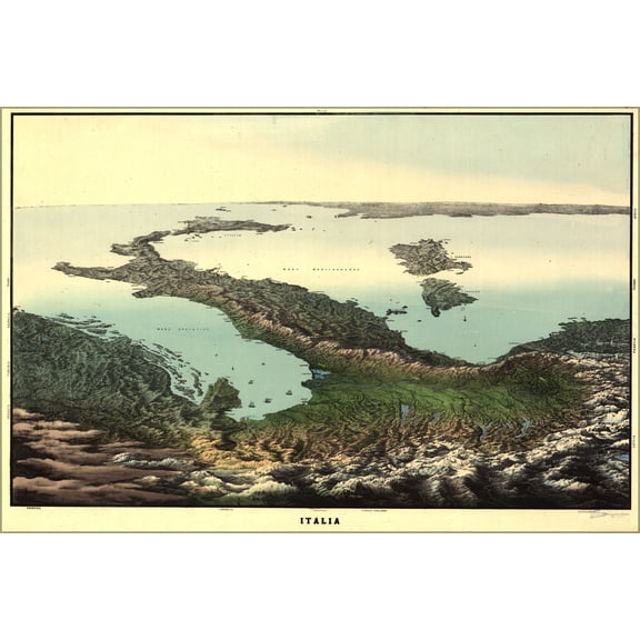 24"x36" Gallery Poster, birdseye view map of italy 19th century