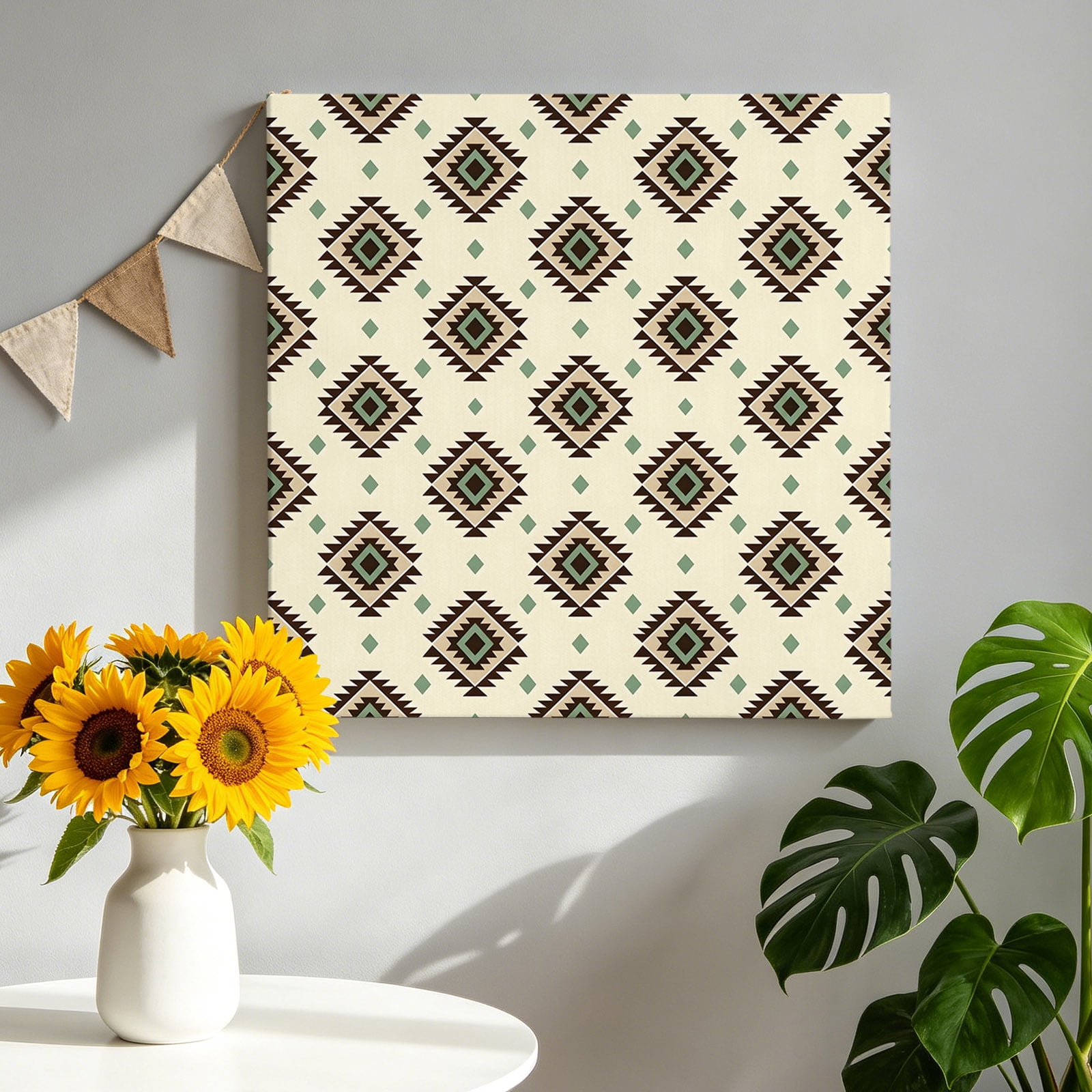 Bohemian Diamond Pattern Canvas Wall Art Boho Tribal Farmhouse Brown Ethnic Motifs Plaid Pictures Wall Decor Wooden Framed Artwork Art Prints for Living Room Hallway Bedroom Office 8 x8