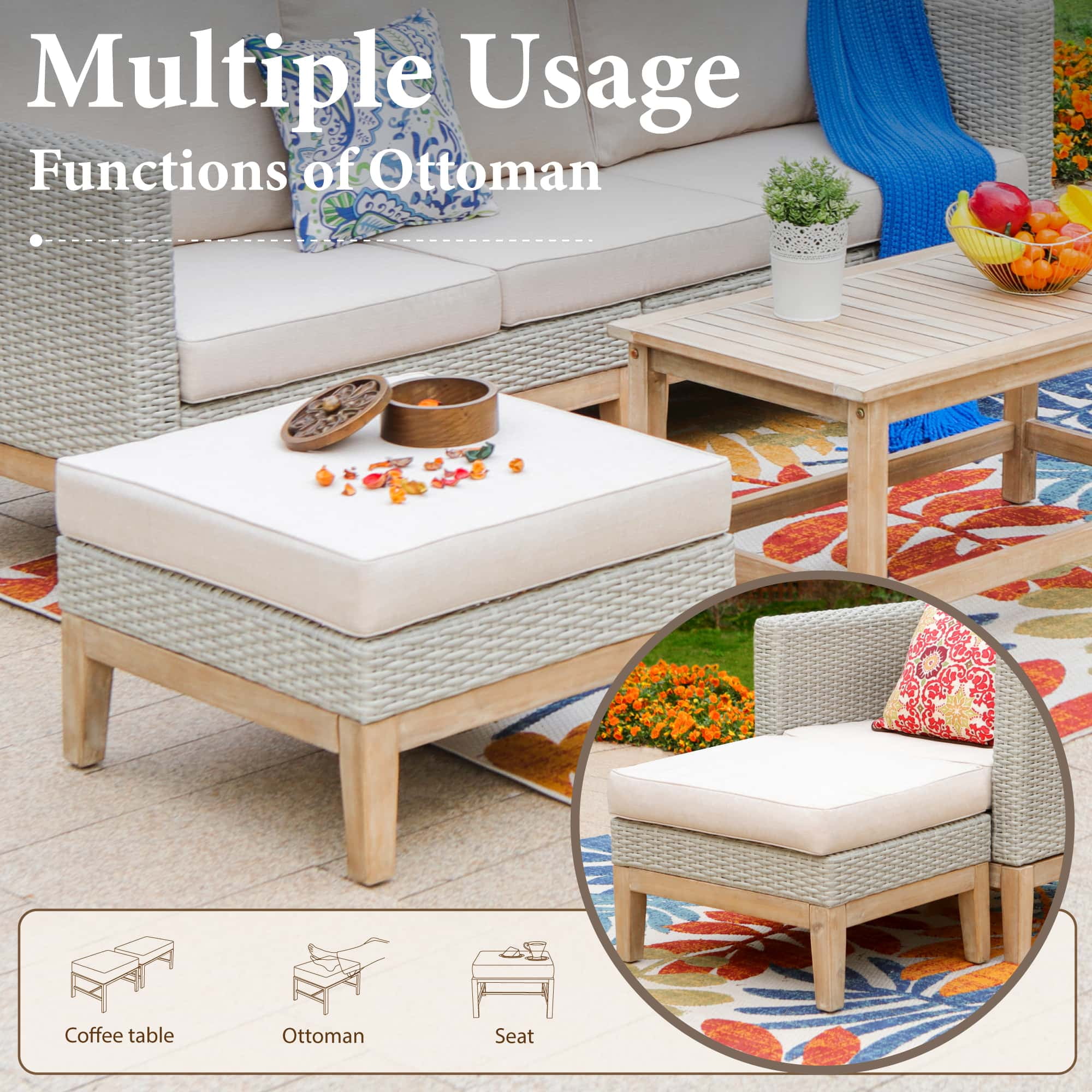 MF Studio 5 Pieces Outdoor Patio Conversation Set Wicker Furniture Sectional Sofa Set with Solid Acacia Wood Frame Beige
