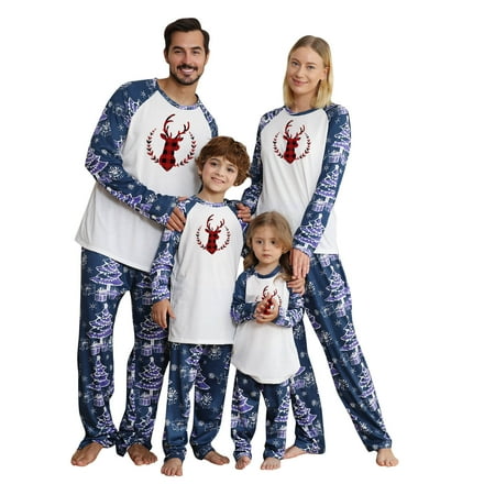 

Dadaria Family Christmas Pajamas Matching Sets Parent-child Warm Christmas Set Printed Home Wear Pajamas Two-piece Kids Set Blue Kids 6Y