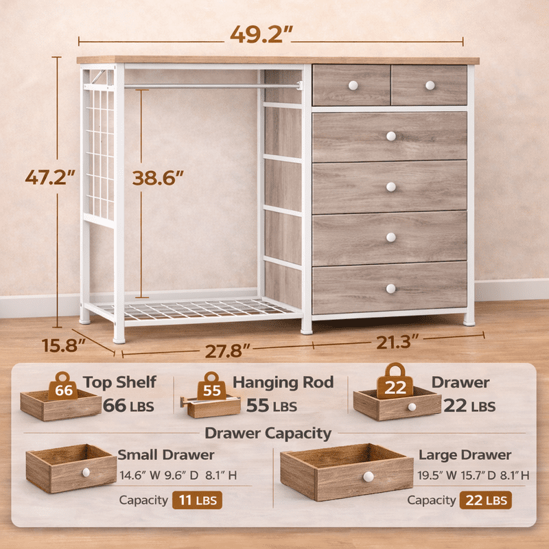Simple Deluxe Storage Clothes Rack with 6 Drawers, Charging Station & LED Lights, Fabric Chest Shelves Clothing Rack, Wooden Portable Wardrobe Closet, 49.2" W x 15.7" D x 47.2" H, Brown