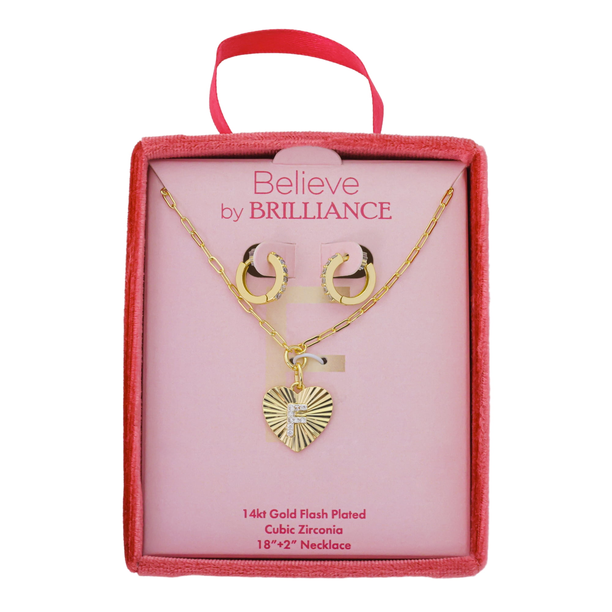 Believe by Brilliance Women's 14Kt Gold Flash Plated Cubic Zirconia Initial F Heart Pendant Necklace and Hoop Earring Set, 18+2"