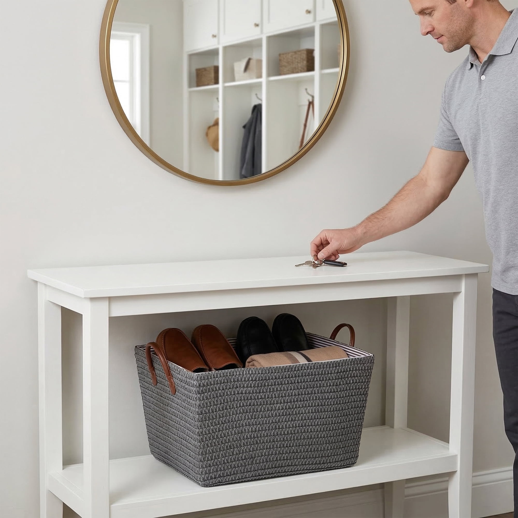Unique Bargains Good-quality Woven Shelf Closet Storage Bin Grey 17.7*13.8*9.8in