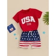 thumbnail image 3 of Niusricy 4th of July Clothes for Baby Boy 3M 6M 12M 18M 2T 3T Kids Round Neck T-shirt Letter Print Shirt Short Sleeve Tops Elastic Waist Striped Shorts Toddler Fashion Cute Summer Outfits, 3 of 7