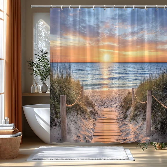Beach Ocean Shower Curtain Sunrise Sunset View Scene Hawaii Seashore Summer Coastal Seaside Seascape Bath Polyester Bathroom Curtains Set with Hooks 72"W x 96"L (Pack of 1)