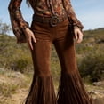 thumbnail image 5 of Women's Retro Western Fringe Pants, Soild Color Suede Flare Leggings with Long Knee to Hem Tassels, High Waist Stretchy Bodycon Pants for Club, Streetwear, and Festival Wine M, 5 of 6