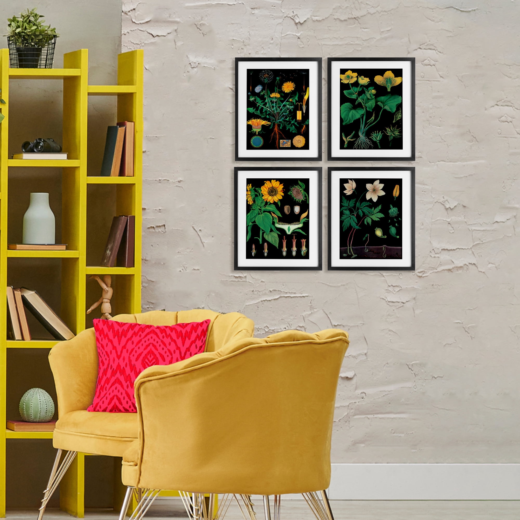 Stupell Industries Botanical Illustrations on Black 4 Piece Black Framed Print Under Glass Set, design by Vintage Hustle