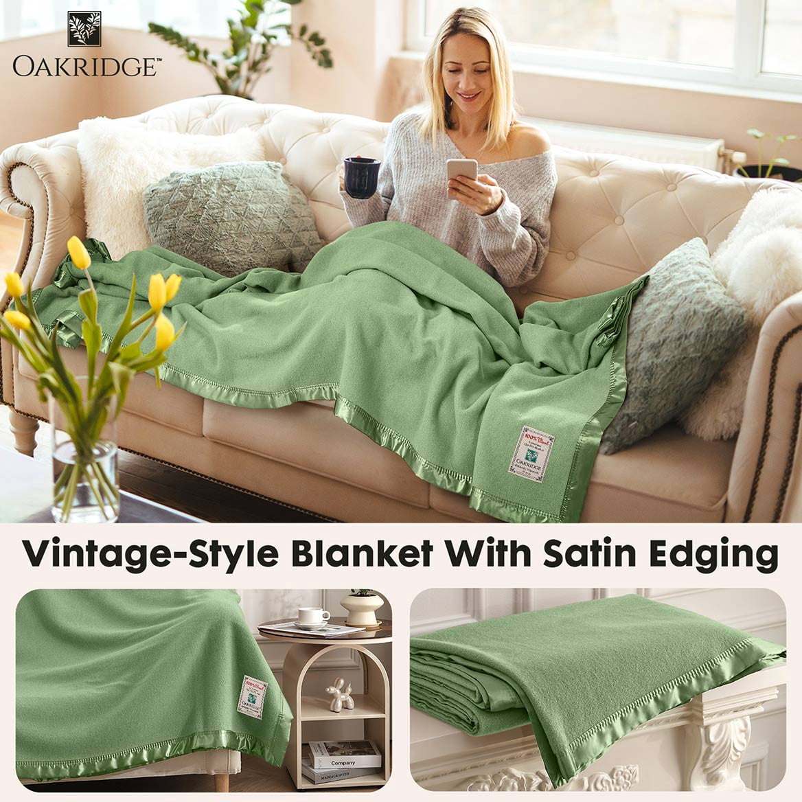 OakRidge Heirloom Merino Wool Blanket – 100% Australian Wool with Vintage Satin Edges – Breathable, Odor-Resistant, All-Season Bedding in Full Queen Size – Sage Cozy Throw for Home or Travel