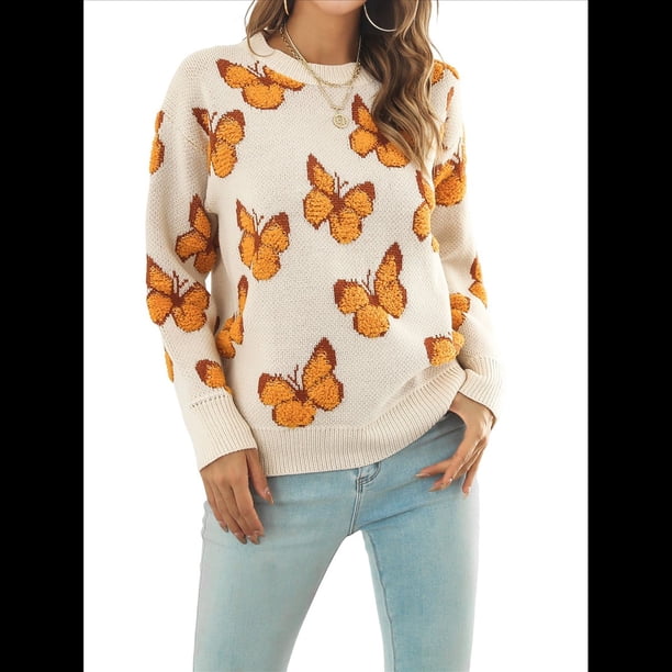 Suéteres de Punto con Estampado de Mariposas para Mujer, Informales, de Larga y Cuello Redondo Albaricoque L