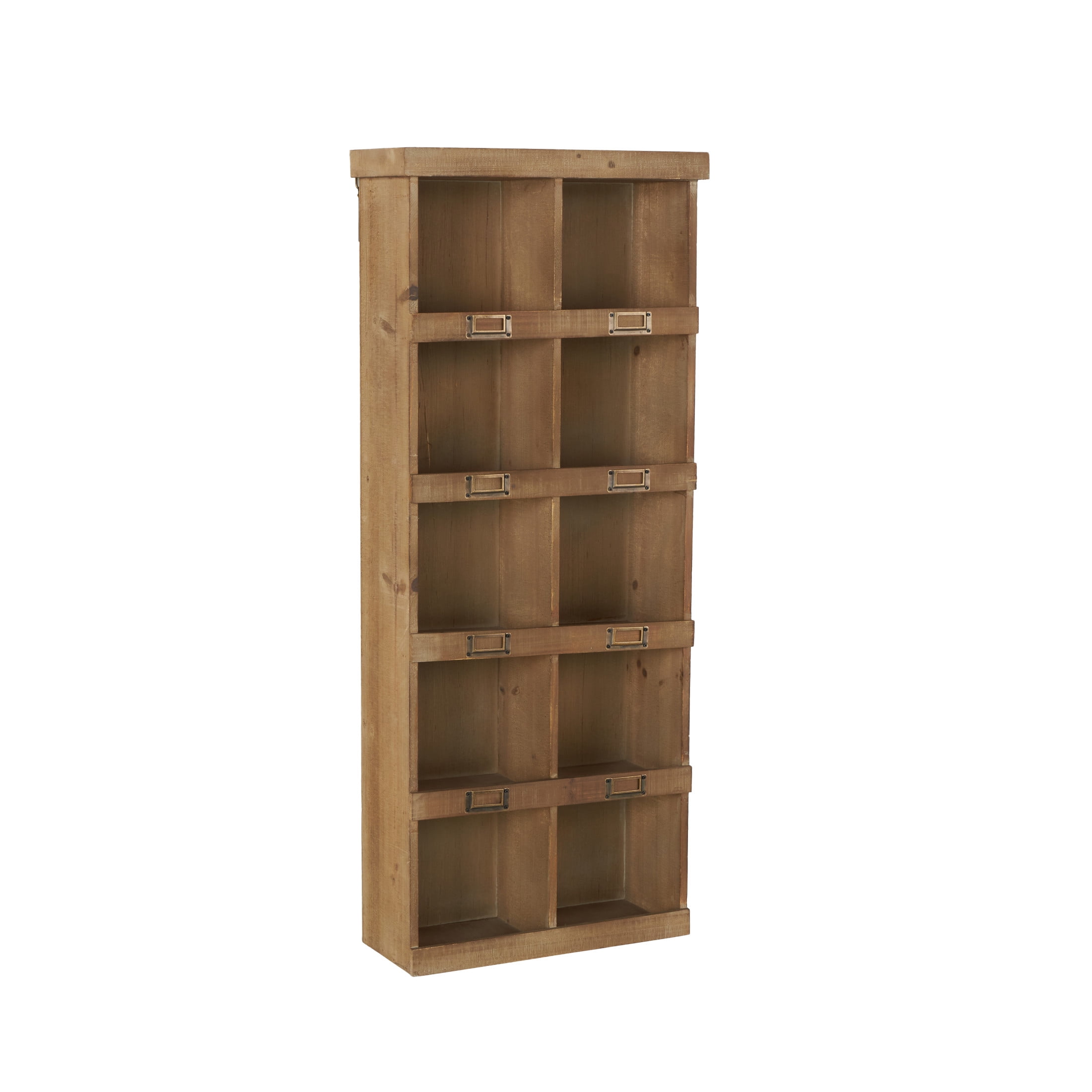 DecMode Rustic Bookcase Inspired Wood Wall Shelf with 10 Square Units and Brown Wood Grain Finish, 18"W x 42"H