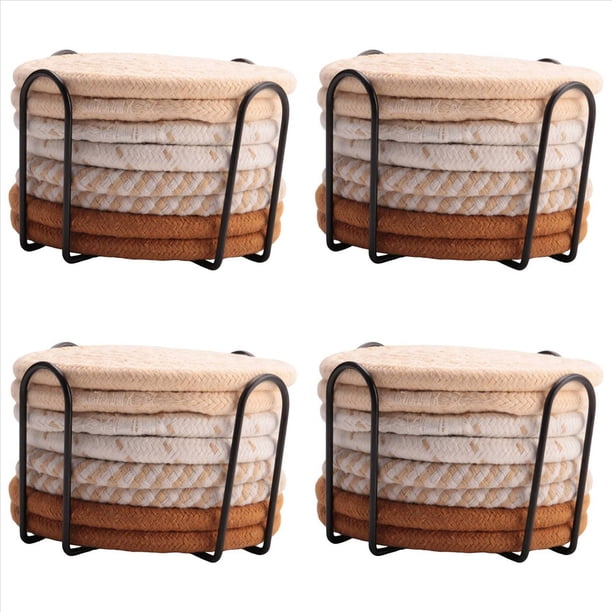 32 Posavasos para Bebidas con Soporte, Posavasos Absorbentes de 4 Colores para Bebidas, Juego de Posavasos Tejido de Algodón para Decoración del Hogar A
