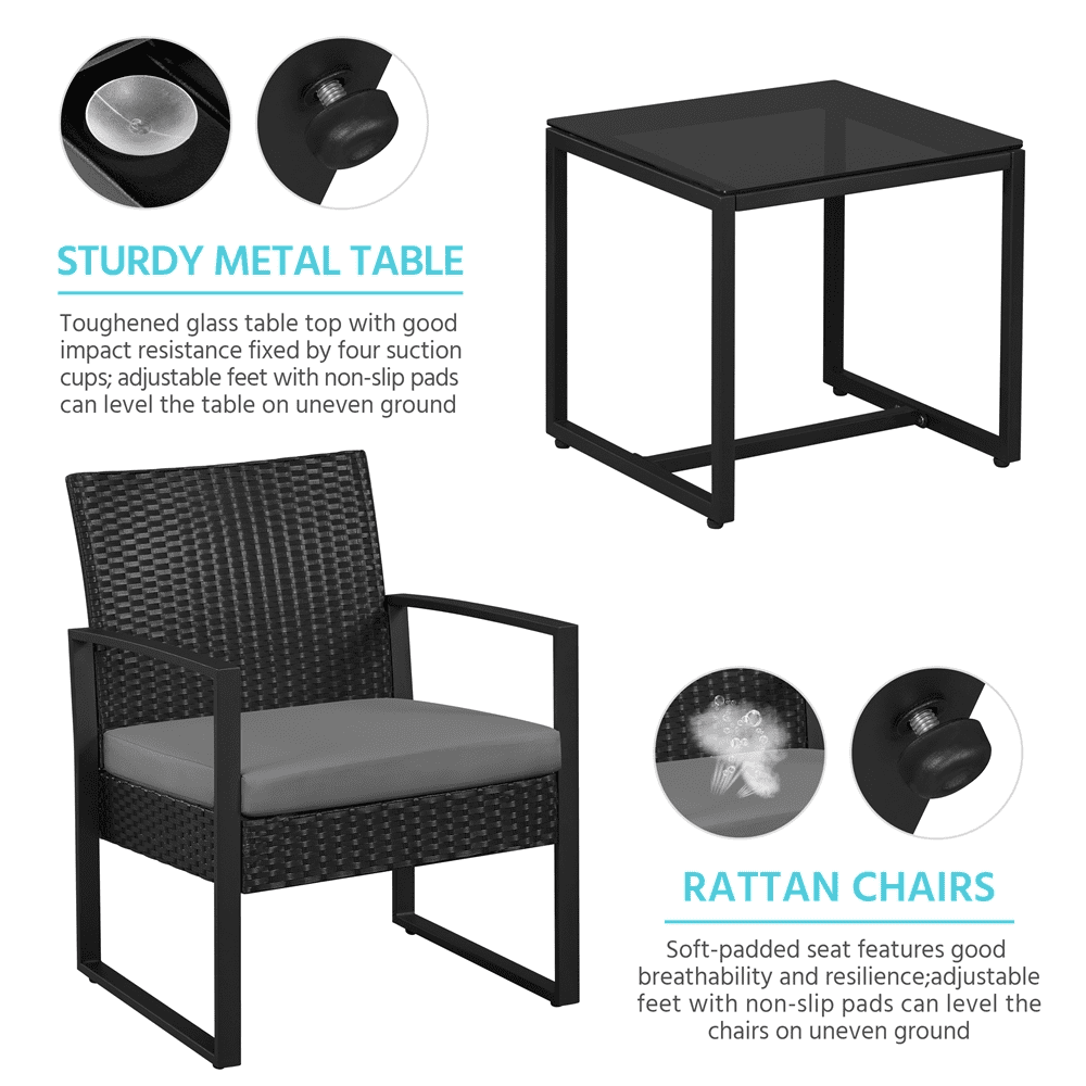 Yaheetech 3-Piece Modern PE Rattan Patio Bistro Set for Garden Backyard, Black