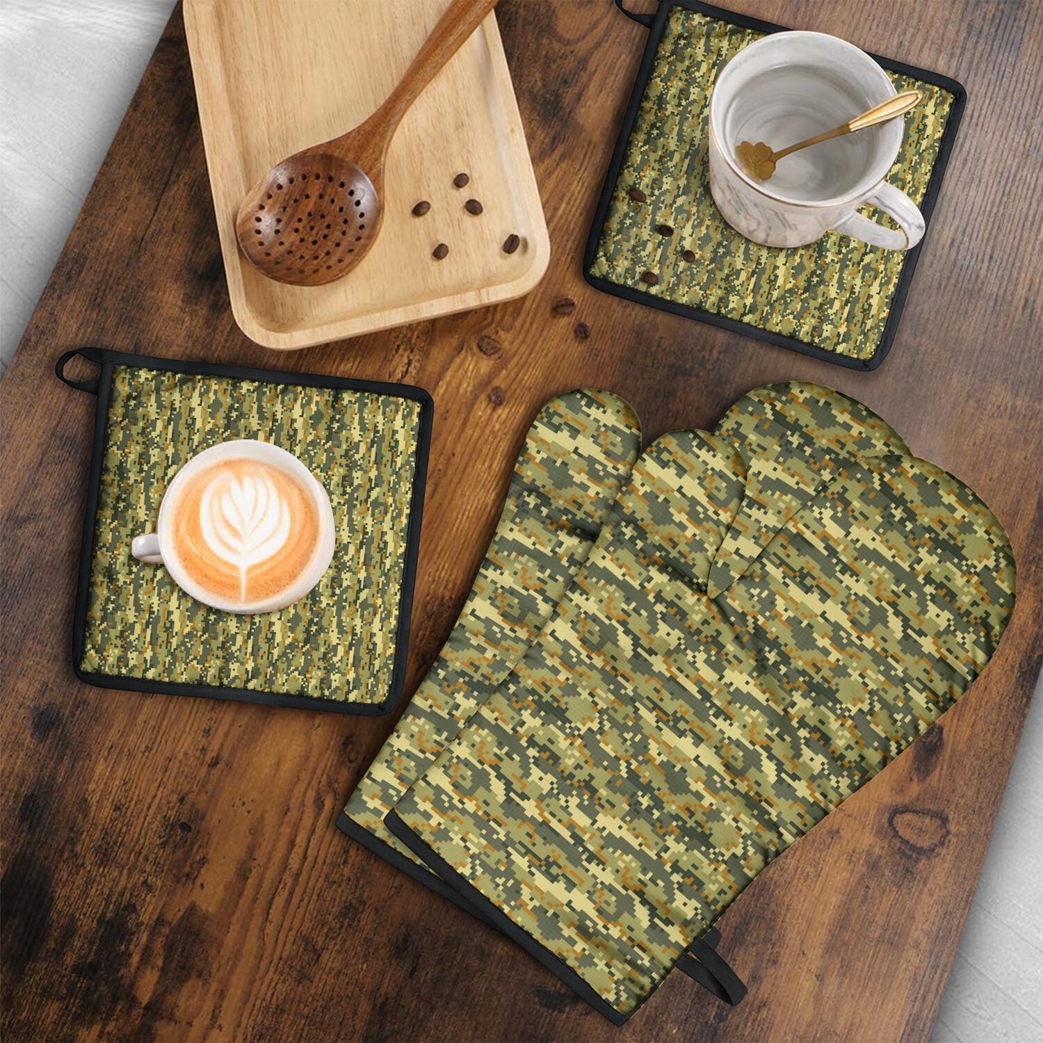 Camouflage Oven Mitts and Pot Holders Set Of 4, Heat Resistant Kitchen Gloves with Non-Slip Grip, Hanging Loop, Soft Cotton Lining for Baking, Cooking, Grilling, Barbecue