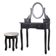 Vanity Set with Mirror, Makeup Vanity Dressing Table Dresser Desk with 5 Drawers for Bedroom Furniture, Cushioned Stool Easy Assembly for Girls Women (Black)