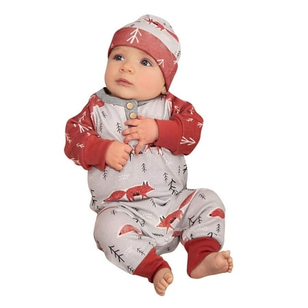 

Mikilon Infant Baby Boys Girls Long Sleeve Print Romper Jumpsuit+Hat Set Jumpsuit for Baby Girls 0-3 Months Multi-color on Discount
